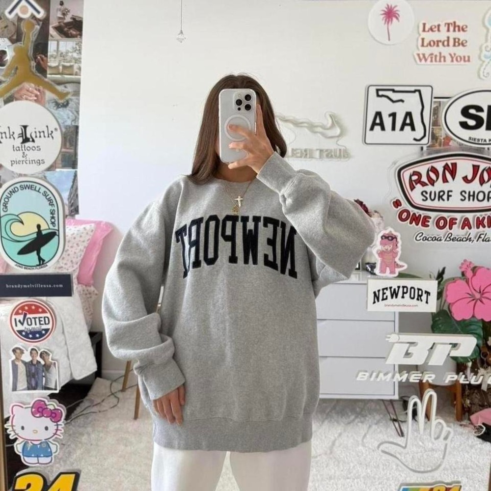 Newport Brandy Melville Grey and Navy‎ Crewneck sweatshirt